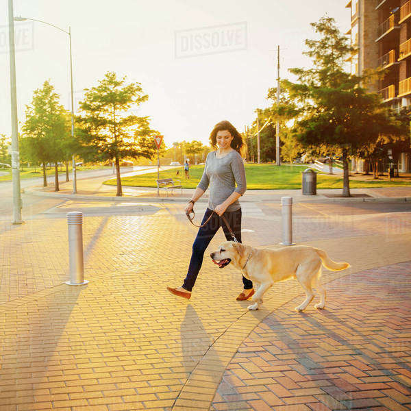 Caucasian woman walking dog on sidewalk Stock Photo Dissolve