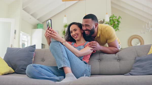Happy couple, phone and video call laughing for funny joke
