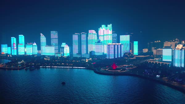 Night time illumination show qingdao city downtown famous bay square ...