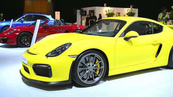 Yellow Porsche Cayman GT4 sports car front view at the D612_21_085