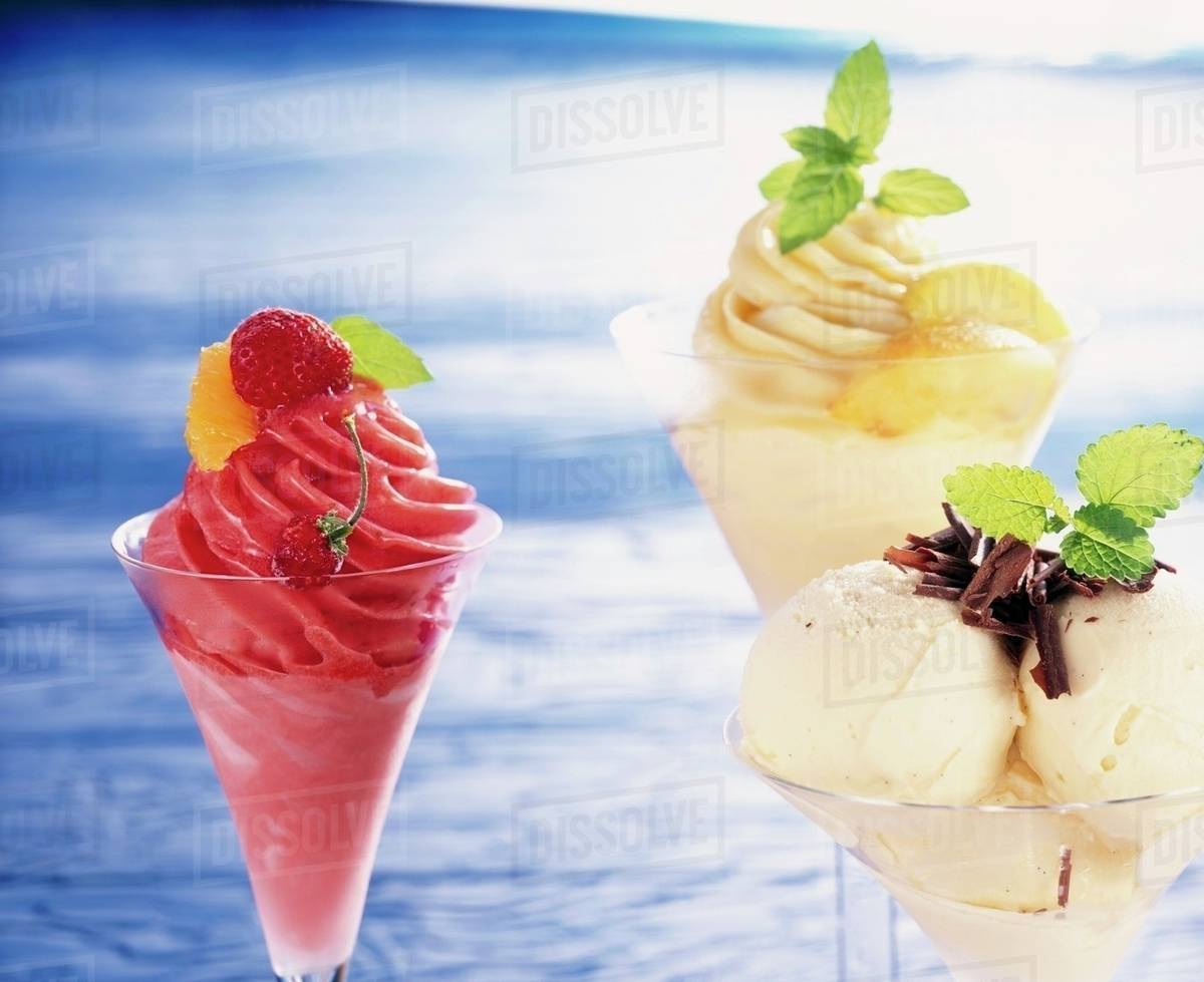 Cassandra sorbet, peach sorbet, vanilla ice cream with cinnamon Stock