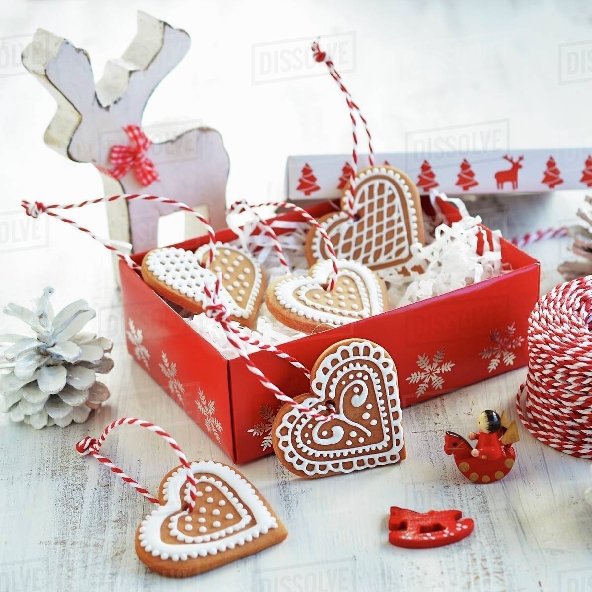 Christmas Biscuits Decorated With Icing In A Gift Box Stock