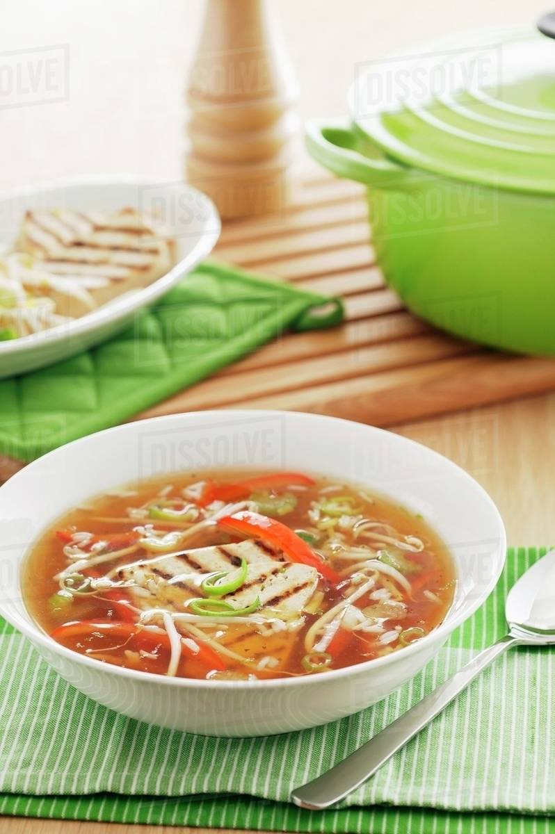 Bean sprout soup with grilled tofu Stock Photo Dissolve