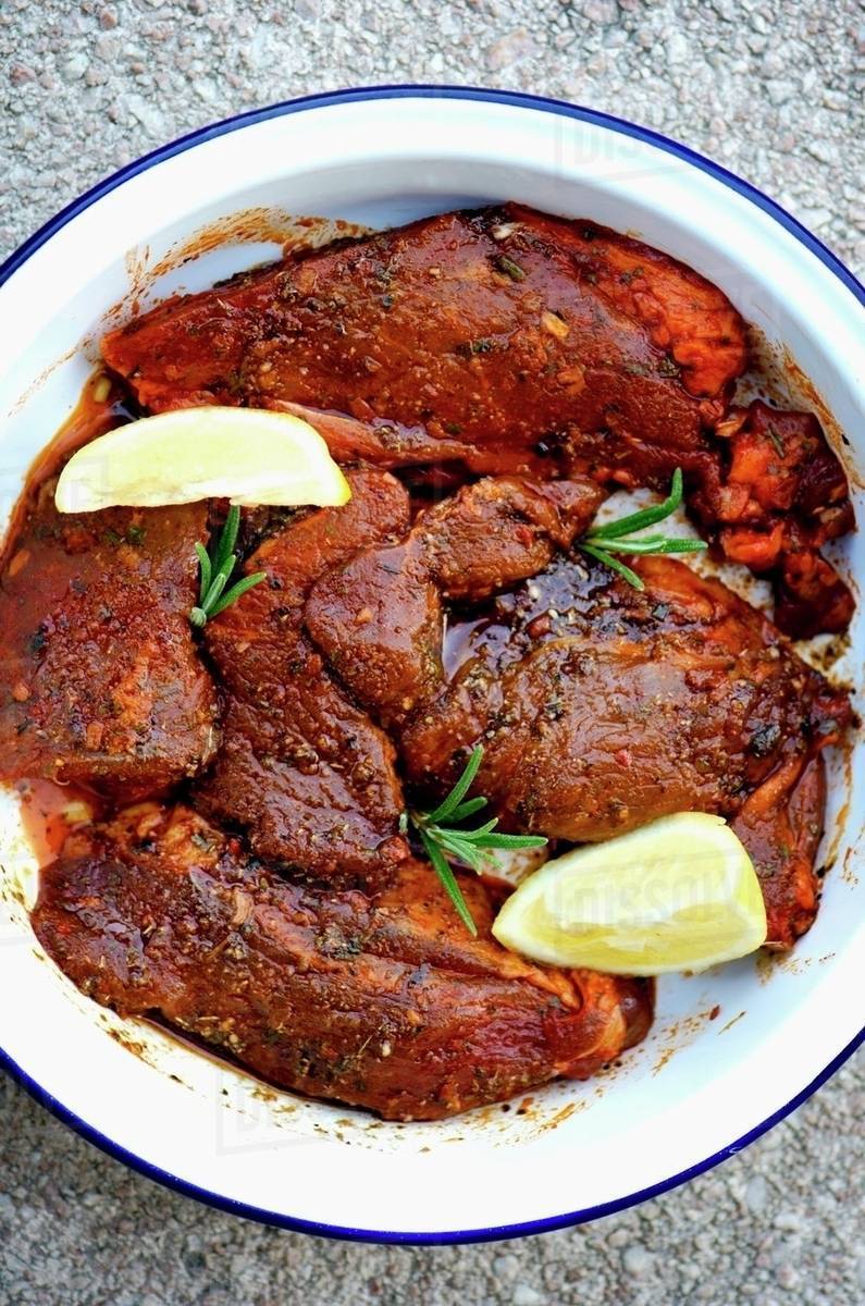 Lamb in a spicy Moroccan marinade (seen from above) Stock Photo
