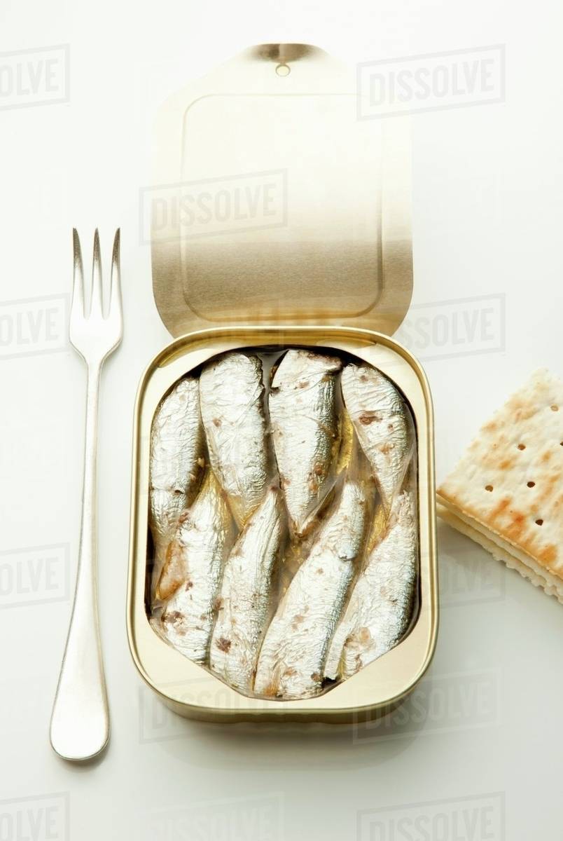An open tin of sardines with a fork and crackers Stock Photo Dissolve