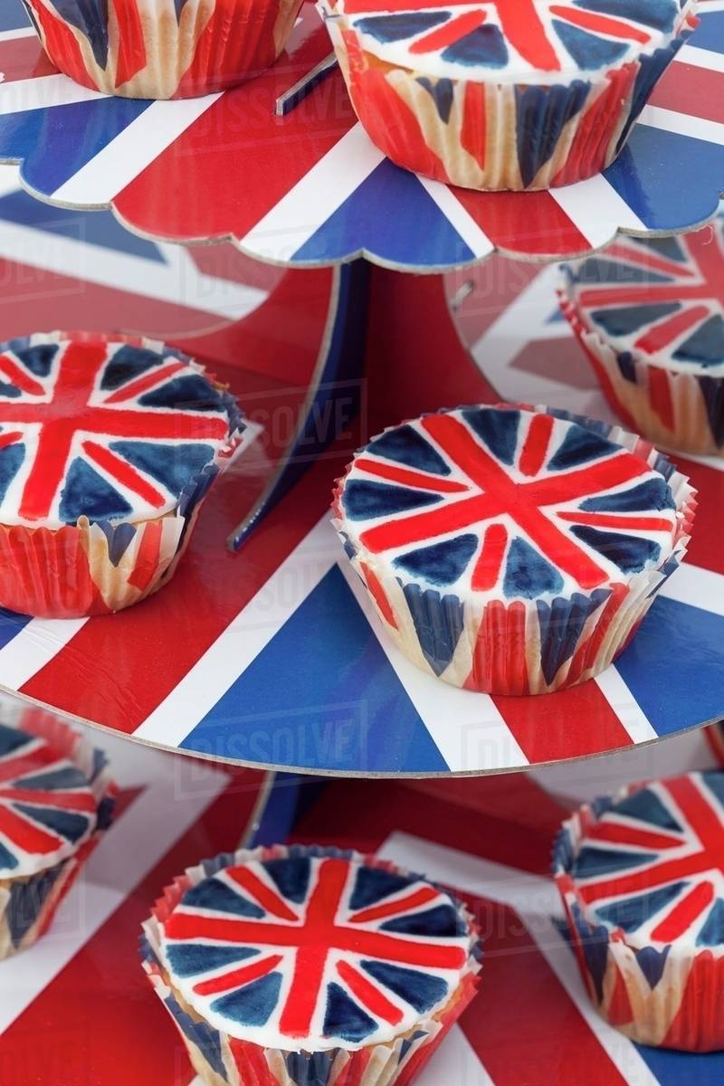 Patriotic cupcakes decorated with Union Jacks Stock Photo Dissolve