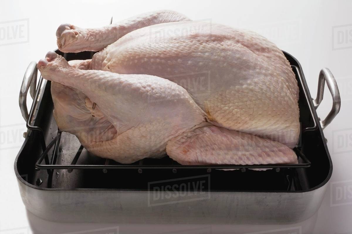Whole raw turkey in roasting tin Stock Photo Dissolve