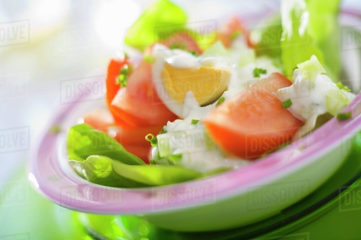 Lettuce, egg, tomato and yoghurt dressing Stock Photo Dissolve