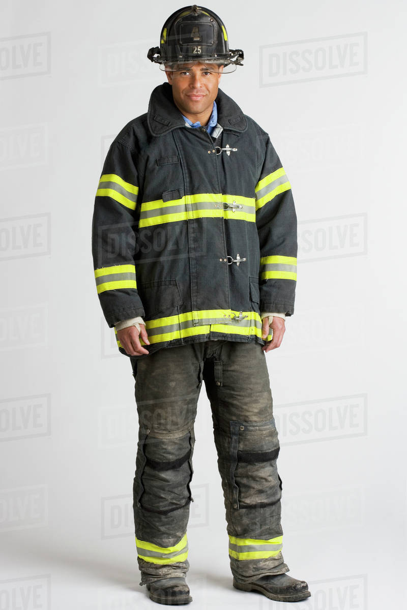 Portrait of Hispanic male firefighter Stock Photo Dissolve