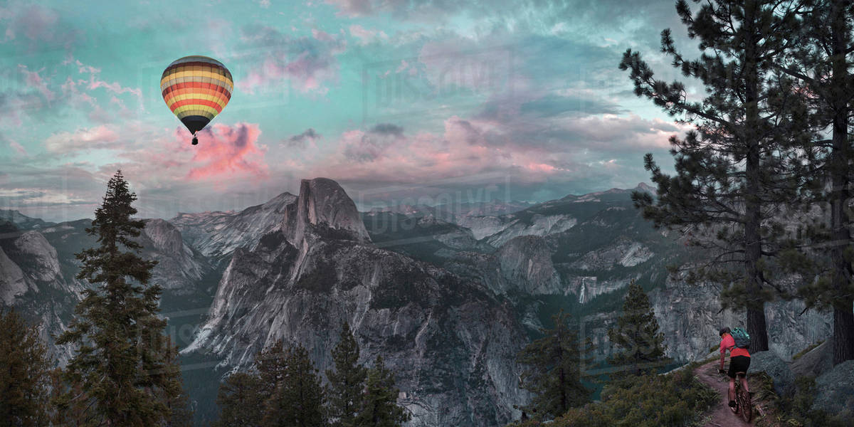 Hot air balloon floating over dramatic mountains, Richmond, Virginia