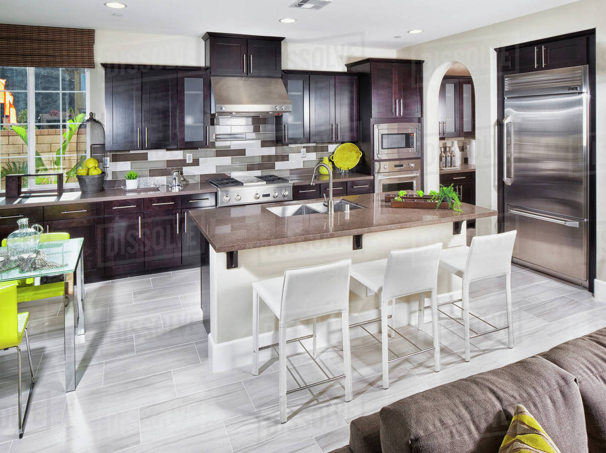Breakfast Bar Island In Domestic Kitchen Stock Photo Dissolve Breakfast Bar Island In Domestic Kitchen