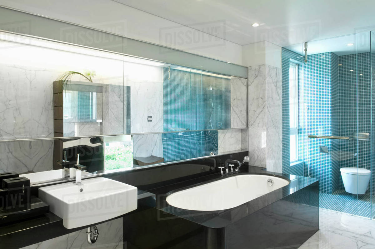 Black bathtub in modern marble bathroom Stock Photo Dissolve