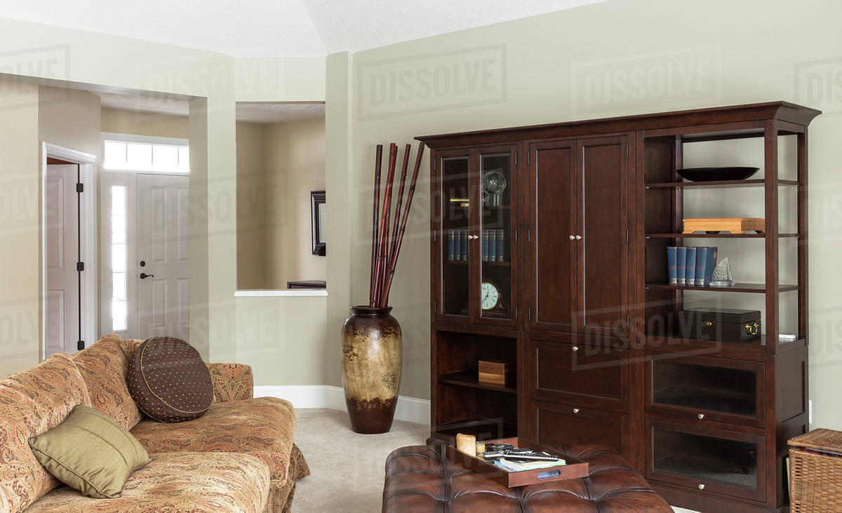 Sofa, ottoman and cabinets in modern living room - Stock Photo - Dissolve