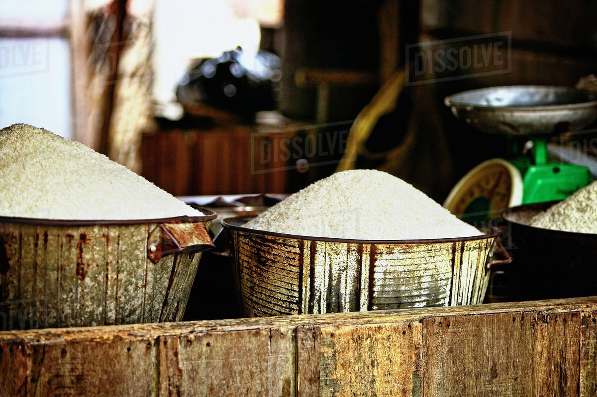 Baskets of Rice on Sale Stock Photo Dissolve