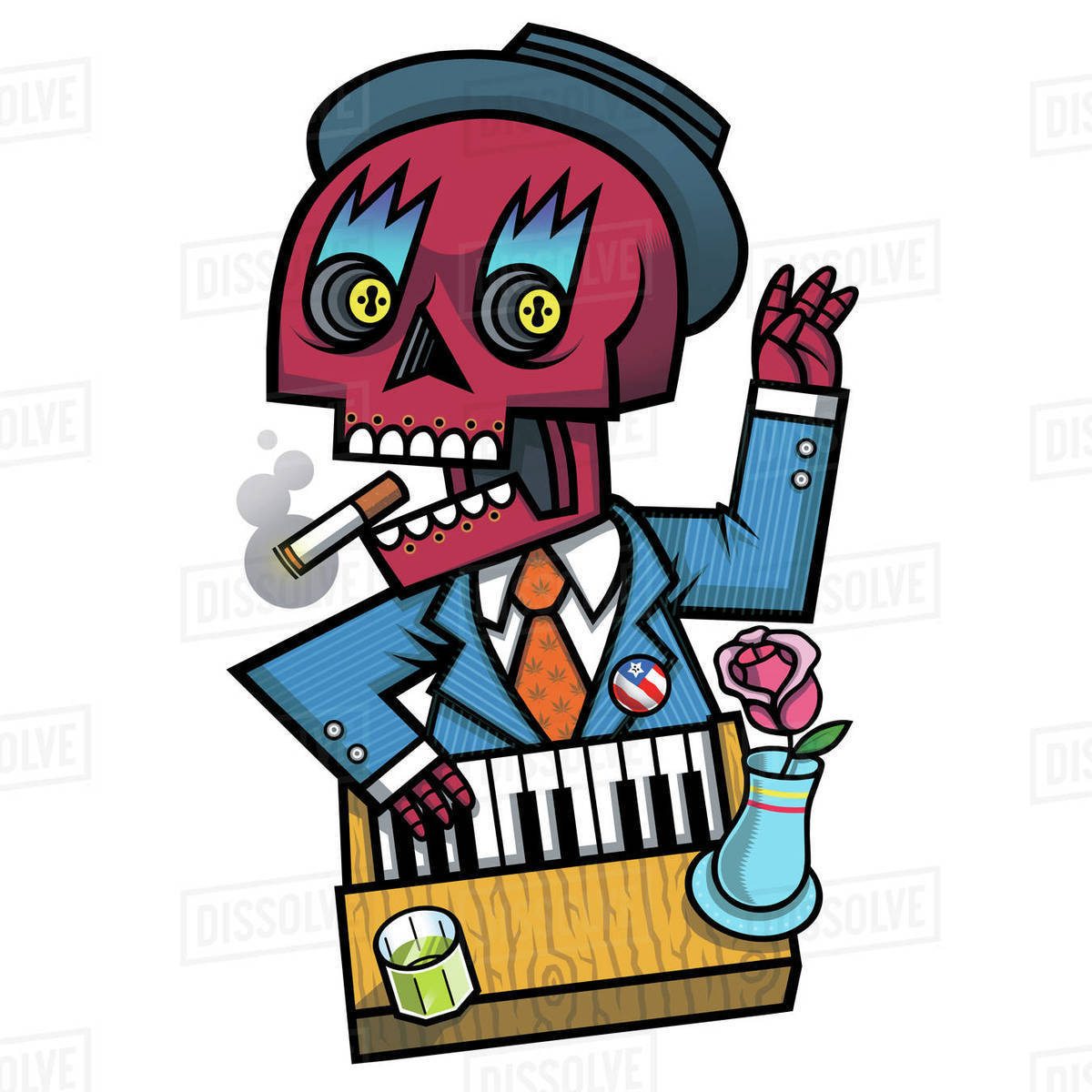 Cartoon illustration of pianist playing piano while smoking against white background Royalty-free stock photo