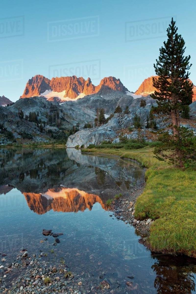 Minarets above a lake, Ediza Lake, Ansel Adams Wilderness, Inyo