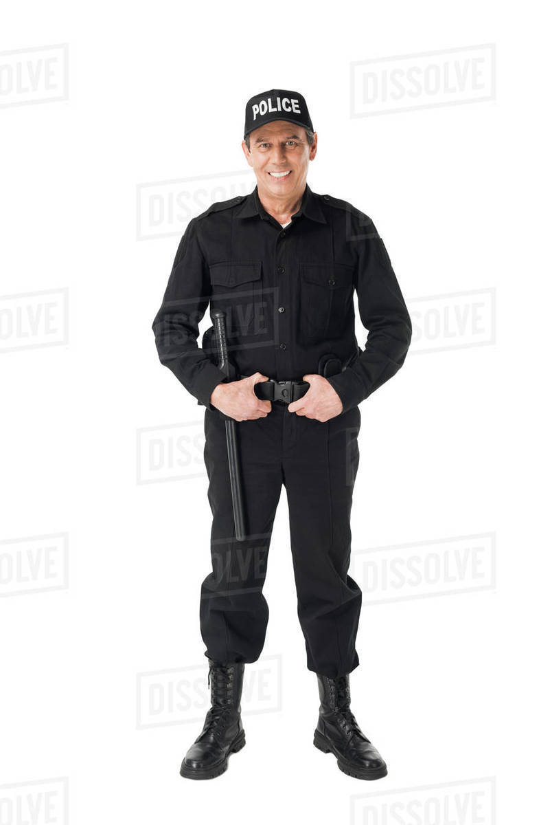 Handsome policeman wearing uniform isolated on white Stock Photo