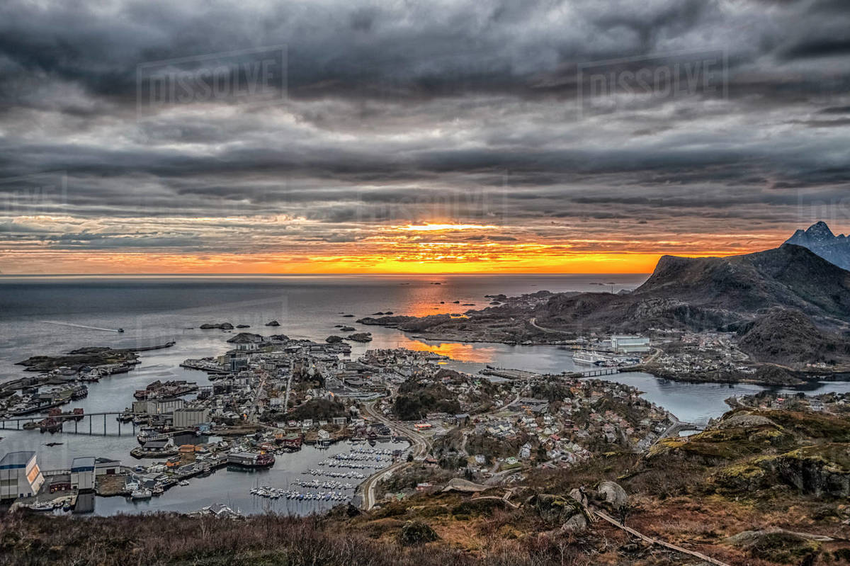 Aerial view of Svolvaer town at sunset, Austvagoya, Lofoten, Nordland ...