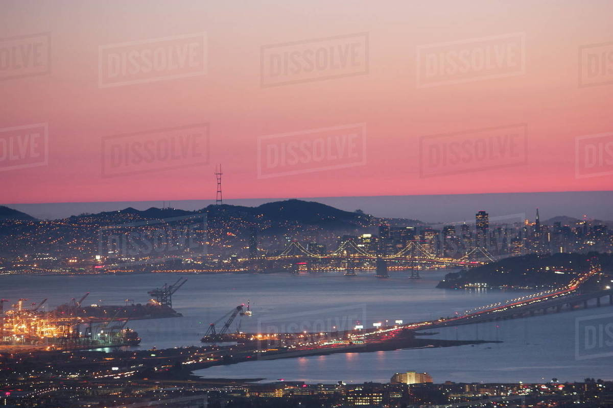 Aerial view of Oakland and San Francisco Bay at Sunset, San Francisco