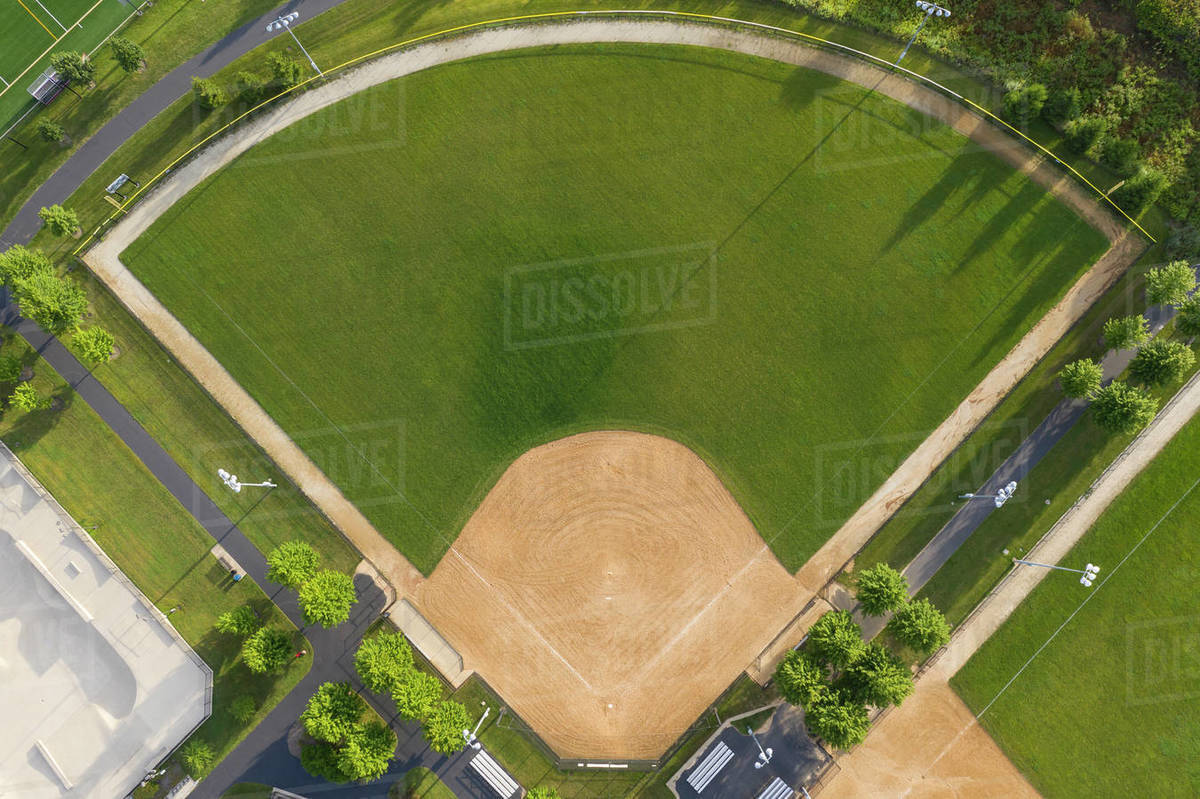 Aerial view of a softball diamond in a sports complex in a suburban