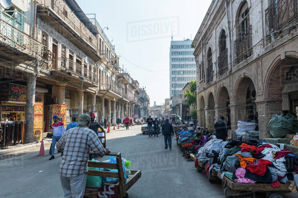 Historic colonial buildings, Al Rasheed Street, Baghdad, Iraq, Middle