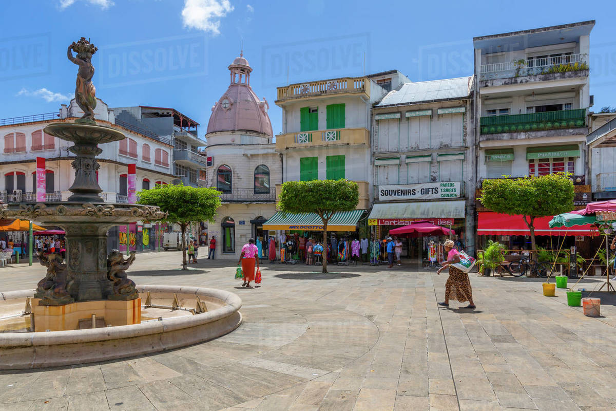 View of Spice Market Square and fountain, Pointe-a-Pitre, Guadeloupe, French Antilles, West Indies, Caribbean, Central America Royalty-free stock photo