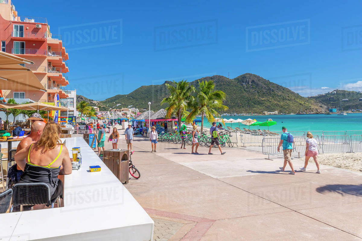 View of beach bar overlooking Caribbean Sea, Philipsburg, St. Maarten, Leeward Islands, West Indies, Caribbean, Central America Royalty-free stock photo