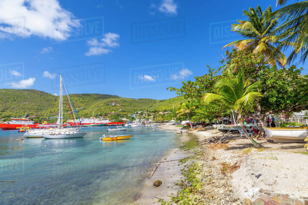 Sailing boats anchoring in Port Elizabeth, Admiralty Bay, Bequia, The Grenadines, St. Vincent and the Grenadines, Windward Islands, West Indies, Caribbean, Central America Royalty-free stock photo