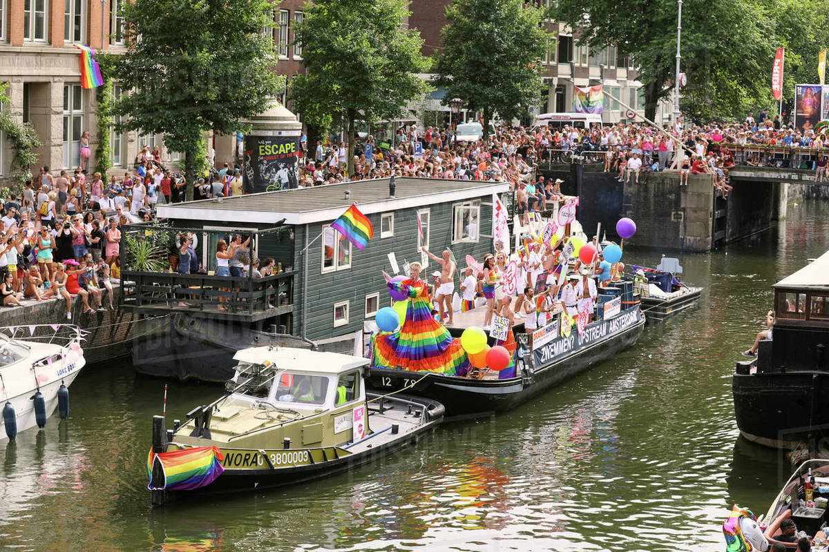 Boat at Gay Pride parade, Canal parade in Amsterdam, North Holland, The Netherlands, Europe Royalty-free stock photo