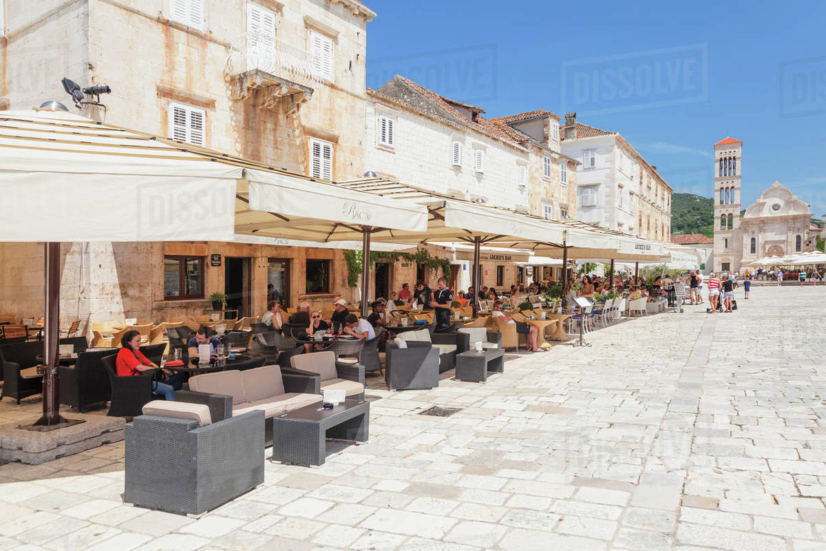 Restaurants at the Main Square with Sveti Stjepan Cathedral, Hvar, Hvar Island, Dalmatia, Croatia, Europe Royalty-free stock photo