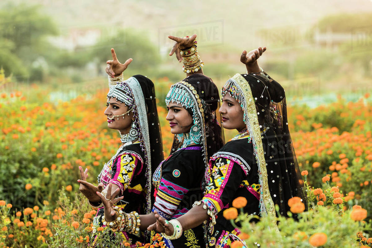 Local dancers in a marigold farm in Pushkar, Rajasthan, India, Asia Royalty-free stock photo