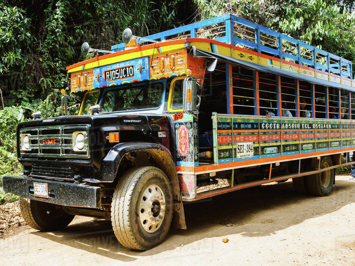 Brightly painted chivas, common transport in rural Antioquia, near Jardin, Antioquia, Colombia, South America Royalty-free stock photo