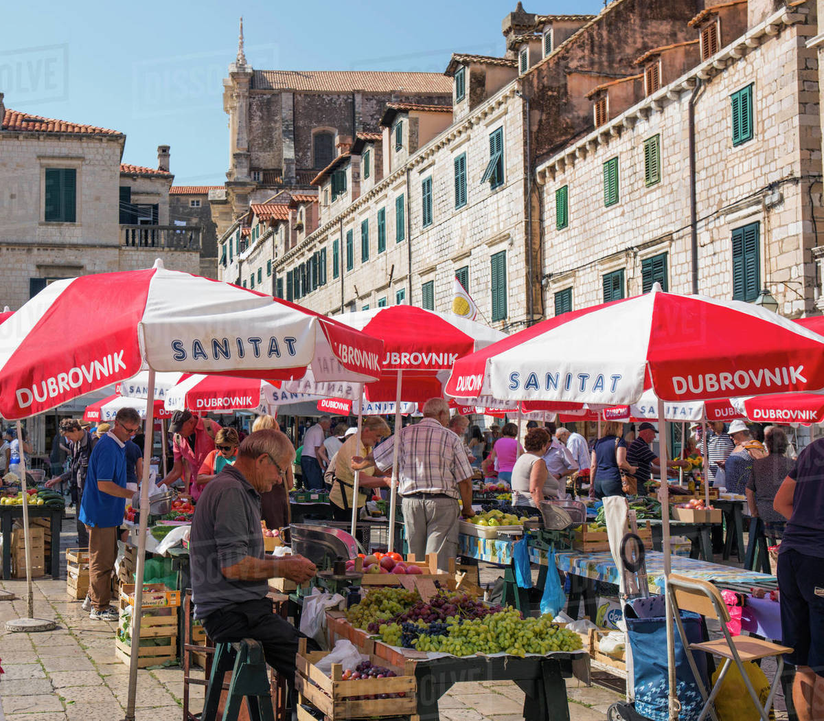 Colourful fruit and vegetable market in Gundulic Square, Gunduliceva Poljana, Dubrovnik, Dubrovnik-Neretva, Dalmatia, Croatia, Europe Royalty-free stock photo