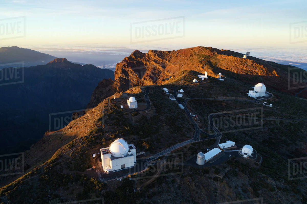 Aerial view of Telescope observatory, near Caldera de Taburiente National Park, UNESCO Biosphere Site, La Palma, Canary Islands, Spain, Atlantic, Europe Royalty-free stock photo