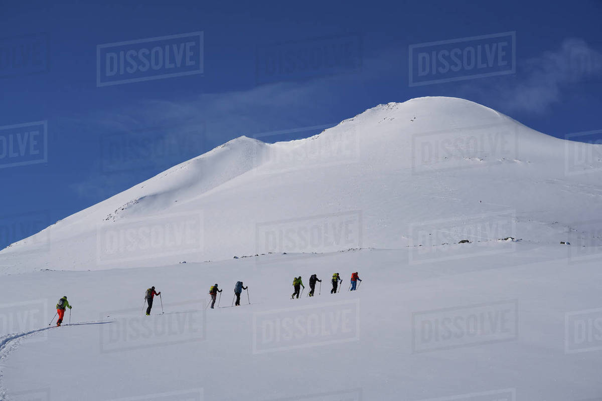 Ski touring in the Lyngen Alps, Lyngen peninsula, Troms County, Norway, Scandinavia, Europe Royalty-free stock photo