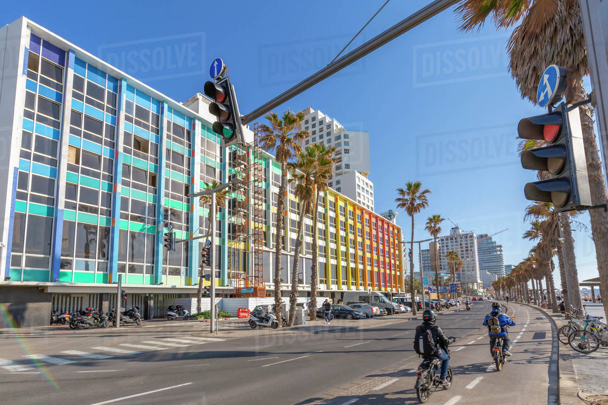 View of colourful buildings and traffic on Hayarkon Street, Tel Aviv, Israel, Middle East Royalty-free stock photo