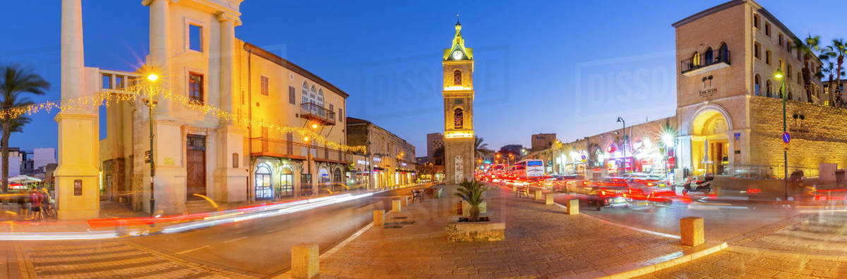 View of The Clock Tower and trail lights at dusk, Jaffa Old Town, Tel Aviv, Israel, Middle East Royalty-free stock photo