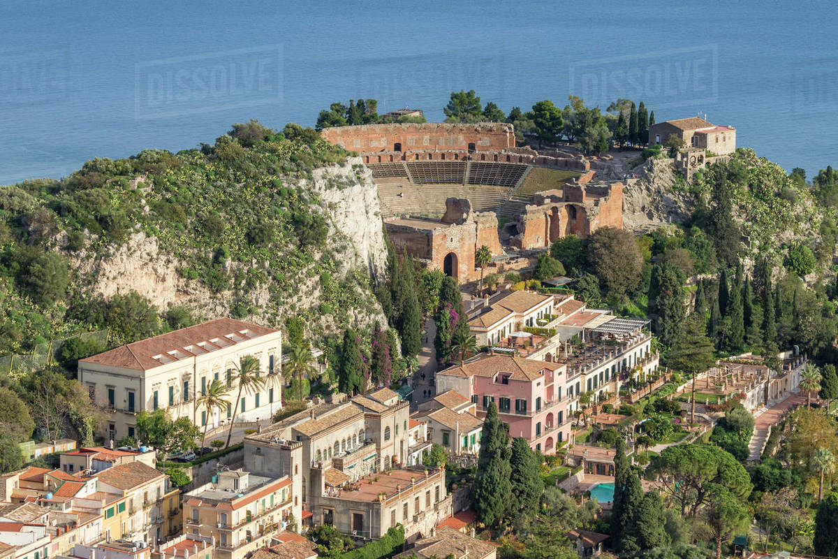 View over Taormina and the ancient Greek Theatre, Taormina, Sicily, Italy, Europe Royalty-free stock photo