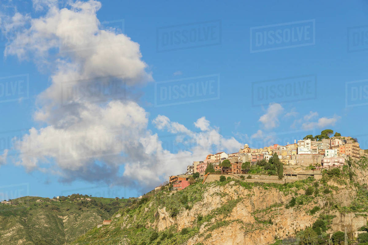 View from Madonna della Rocca church to the village of Castelmola, Taormina, Sicily, Italy, Europe Royalty-free stock photo