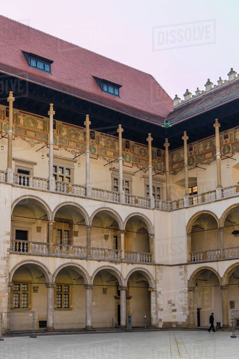 The 16th century Renaissance courtyard, Wawel Royal Castle, UNESCO World Heritage Site, in the medieval old town, in Krakow, Poland, Europe Rights-managed stock photo