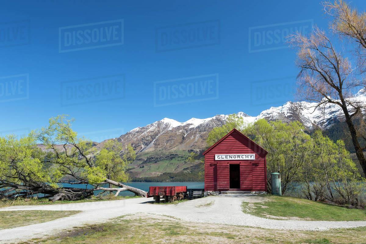 The red boat house in Glenorchy in spring, Queenstown Lakes district