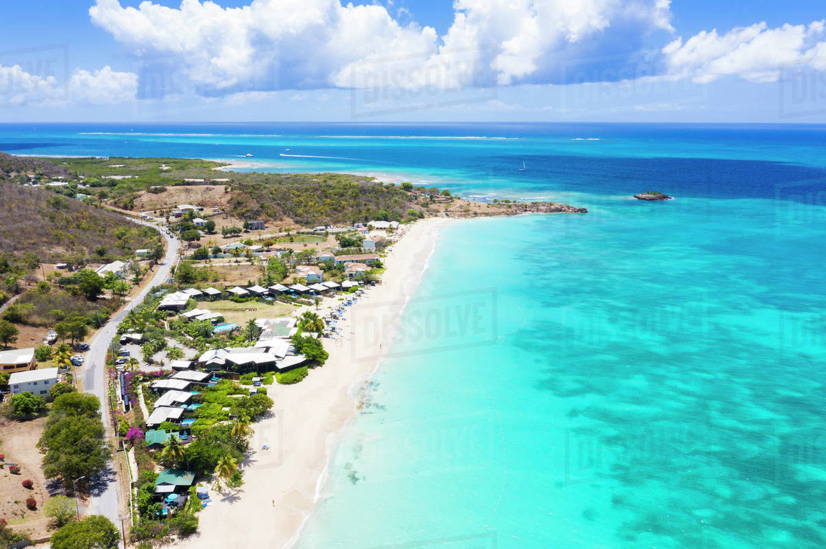 Aerial view by drone of tropical white sand of Turners Beach, Antigua
