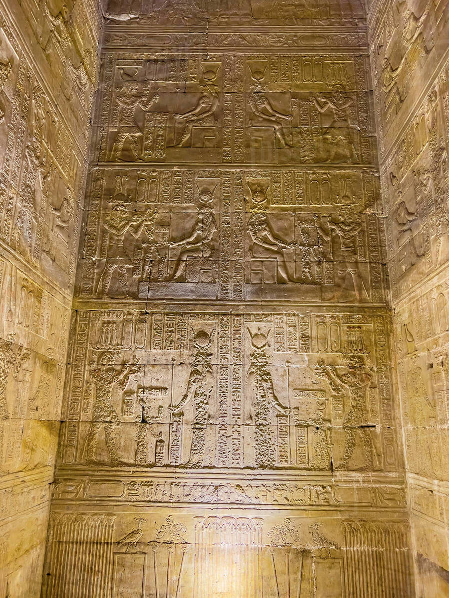 Interior view of the reliefs inside the Temple of Hathor, Dendera ...