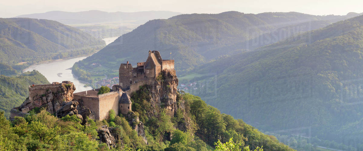 Aggstein Castle Ruin on Danube River at sunset, Cultural Landscape