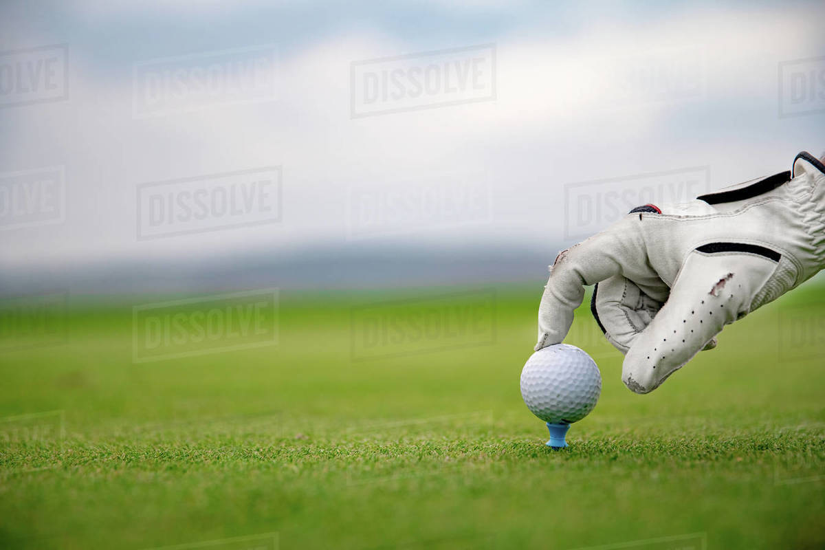 A golf player prepares a golf ball on a green course. Stock Photo