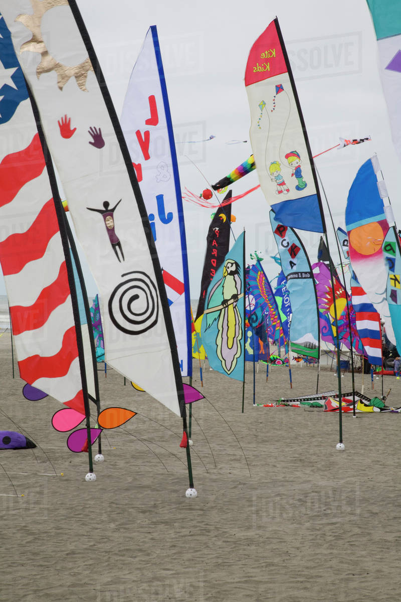 WA, Long Beach, International Kite Festival, colorful banners Stock