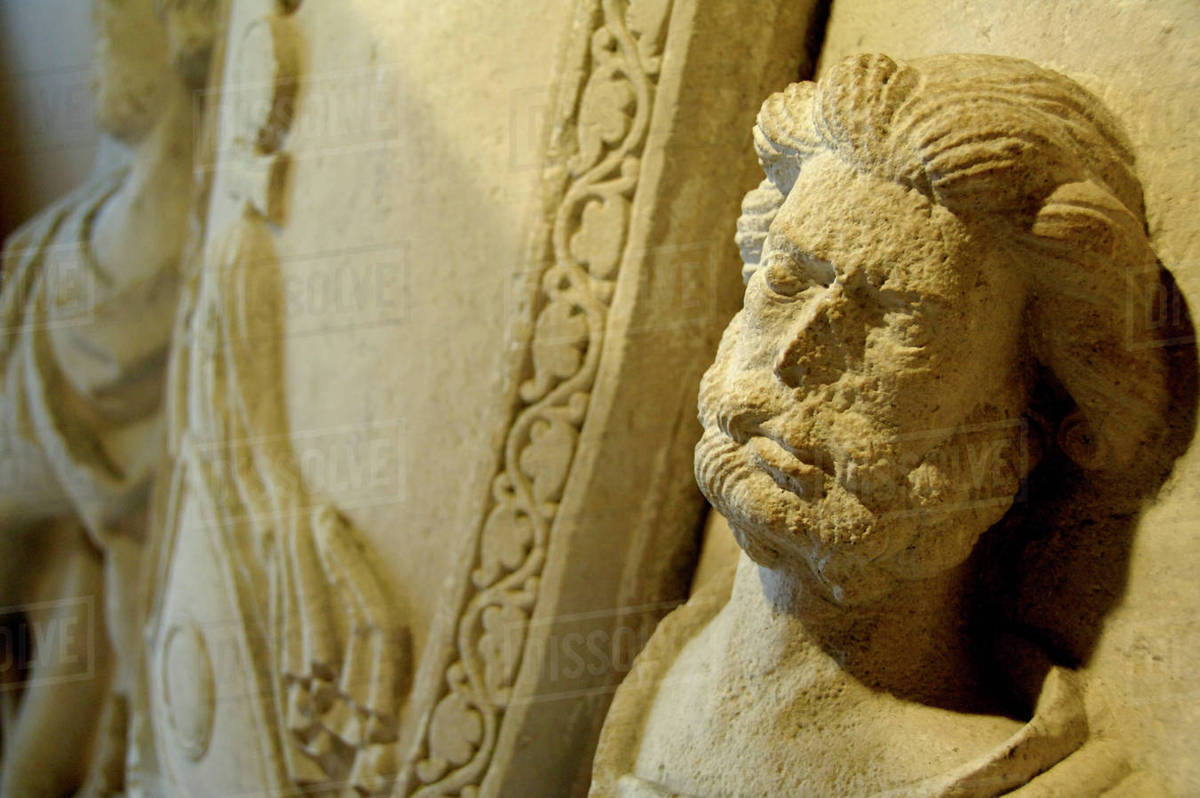 Europe, Montenegro, Kotor. Stone carving with face. Stock Photo