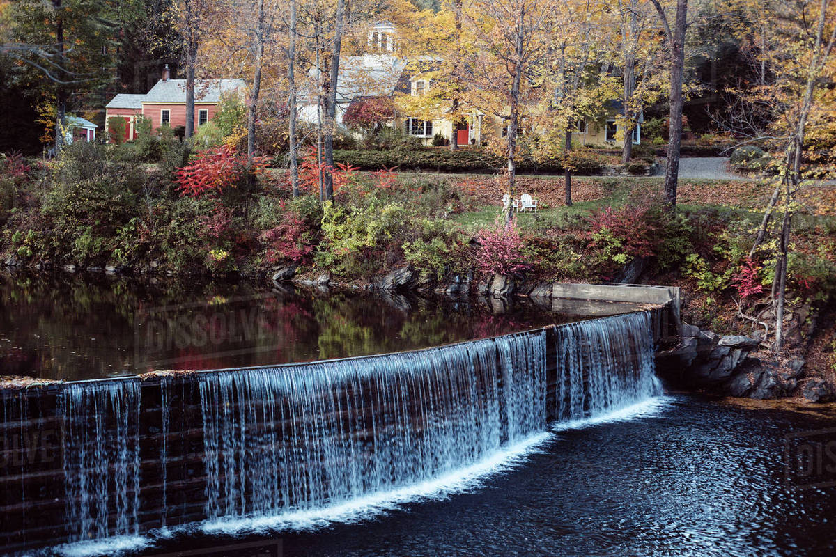 Rural village with waterfall, Guilford, Vermont, USA Stock Photo