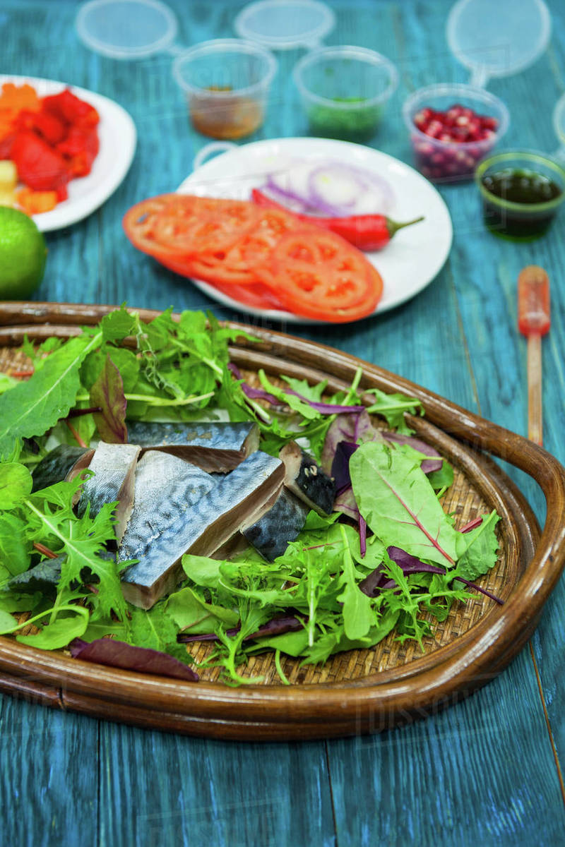 Ingridients for escabeche fish dish with caviar mackerel in marinade