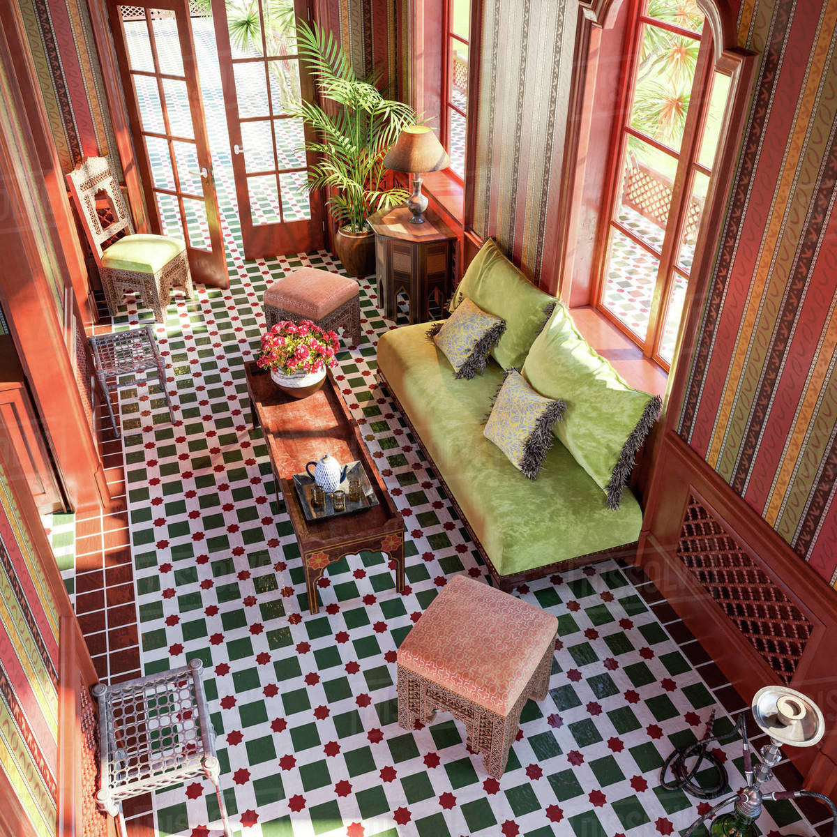 Terrace with a hookah in oriental style. Cozy atmosphere on the terrace